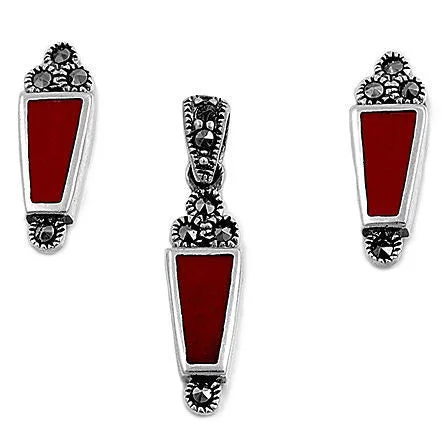 Tansy: Coral & Marcasite Geometric Drop Pendant & Earrings Set