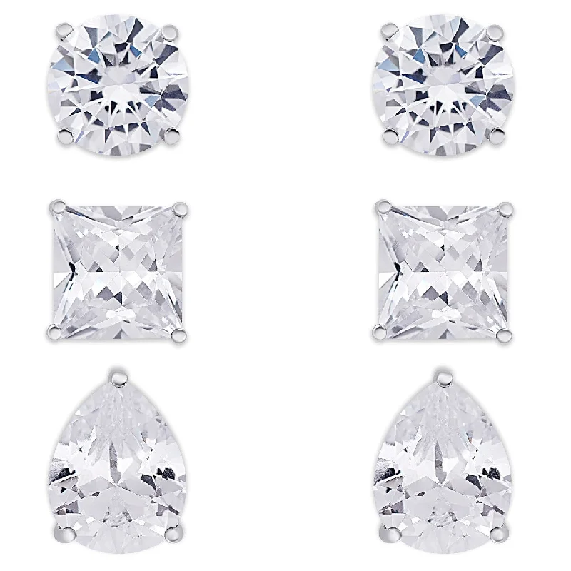 Victoria Townsend .925 Sterling Silver AAA Cubic Zirconia 3pr.Circle, Square, and Pear Stud Set