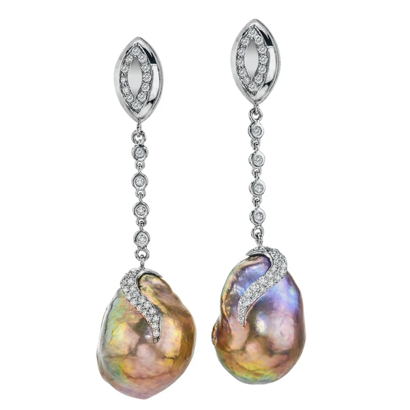 Women's White Gold, Exotic Copper Pearl and Diamond Earrings