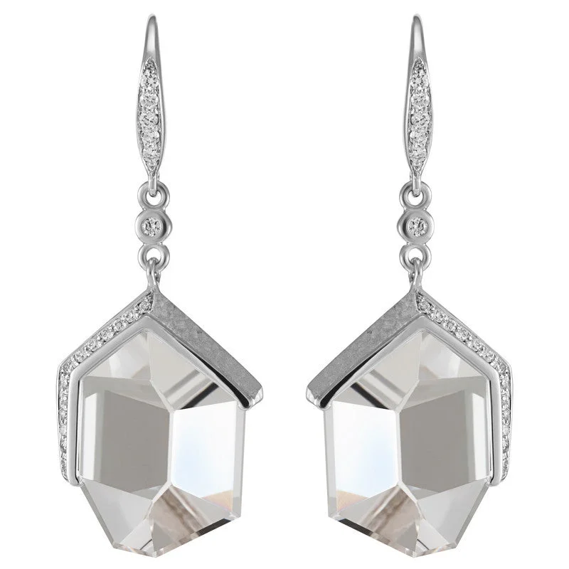 Women's Mirror Cut Clear Quartz and Diamond Earrings