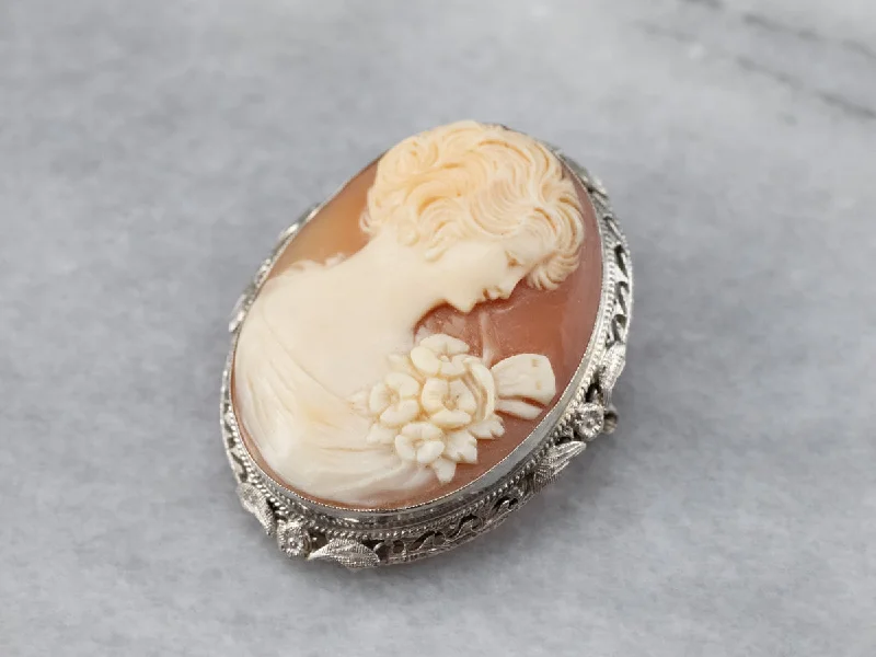 Art Deco Cameo White Gold Brooch Pendant