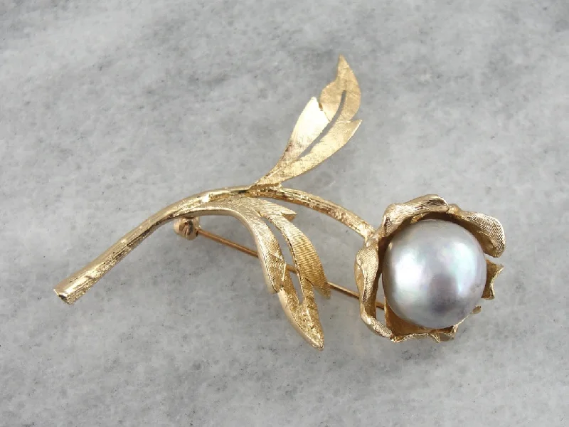 Bold Gold & Vintage Baroque Pearl Floral Brooch, Large Mid Century Statement Brooch