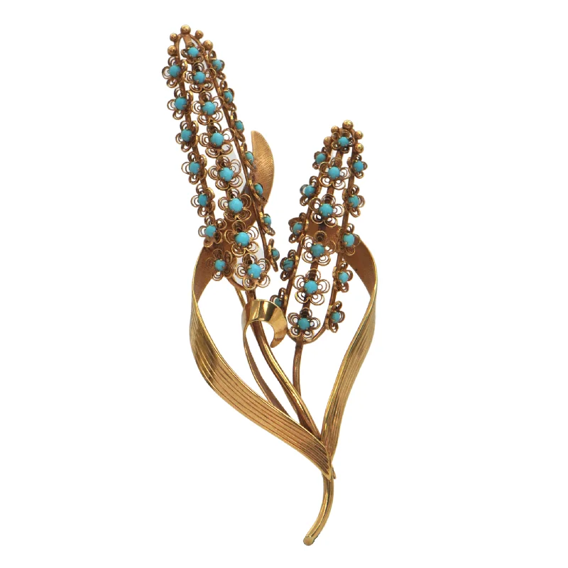 Retro Turquoise Bulrush Brooch in 14k Yellow Gold