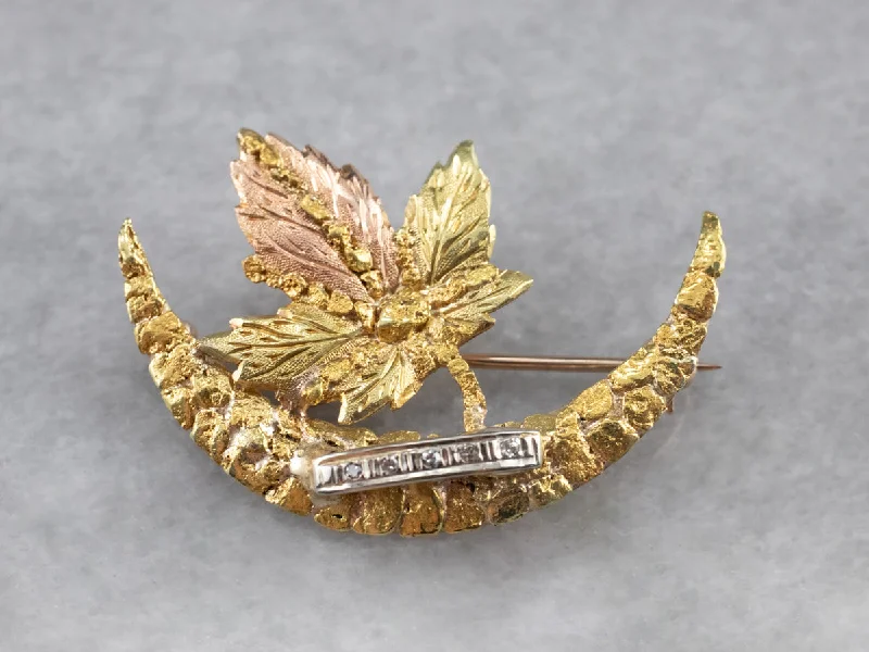 Diamond Gold Nugget Crescent Moon Leaf Brooch