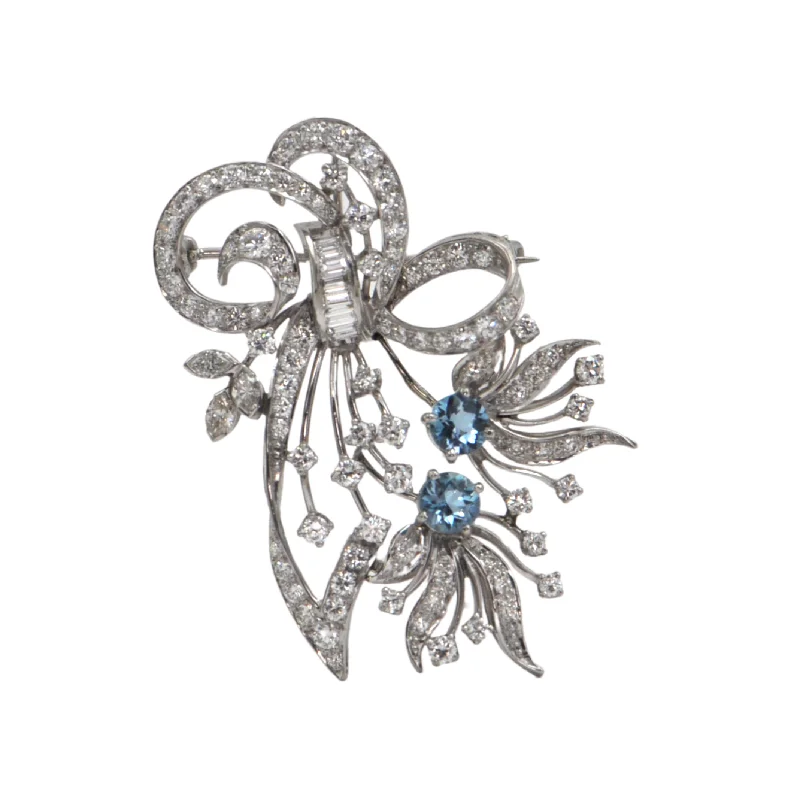 Estate Diamond and Aquamarine Platinum Brooch