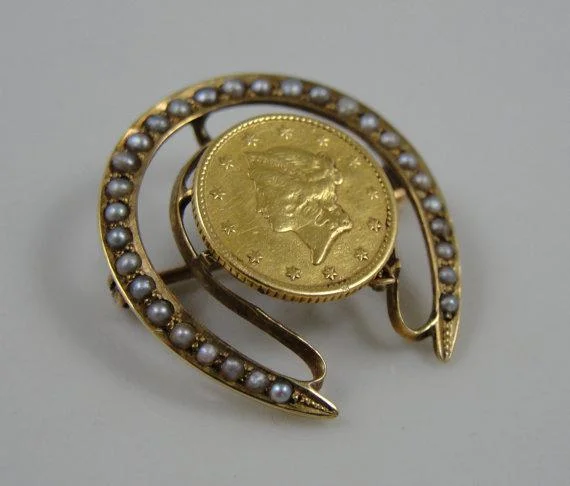 Good Luck Coin Pearl Horseshoe Brooch