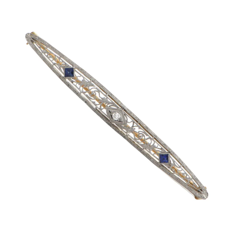 Late Edwardian Diamond and Sapphire 14k Gold Bar Pin