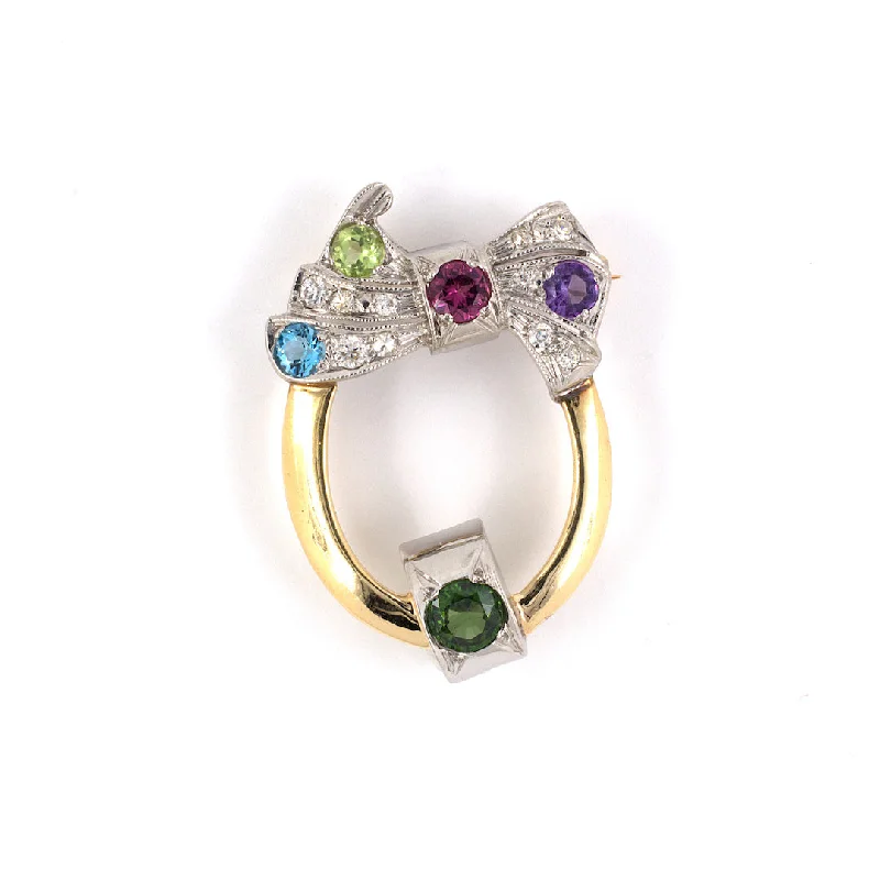 Retro Diamond & Multi-Color Gemstone Bow Circle Pin