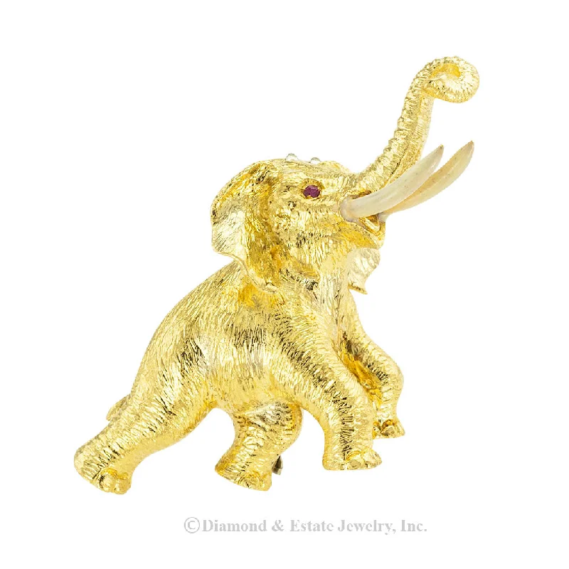 Ruby Enamel Yellow Gold Elephant Clip Brooch