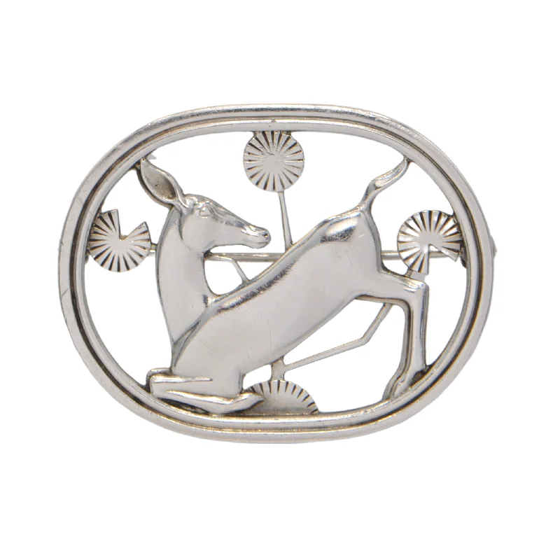 Signed Georg Jensen Kneeling Deer #256 Sterling Silver Brooch Dated 1953