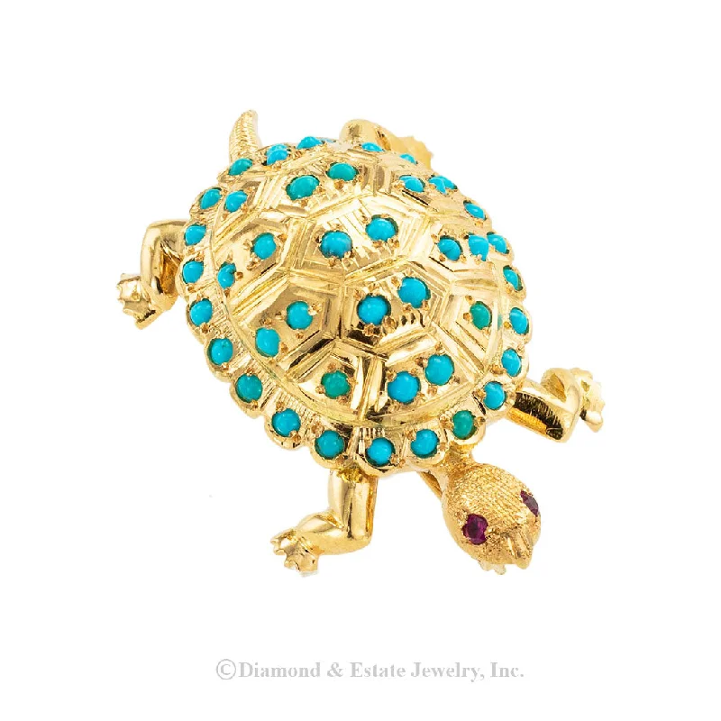 Turquoise Yellow Gold Turtle Brooch