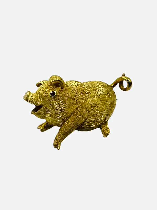 Vintage 1970s Yellow Gold Piggie Brooch