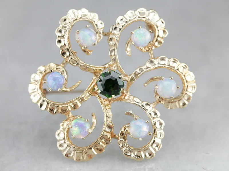 Vintage Demantoid Garnet and Opal Brooch