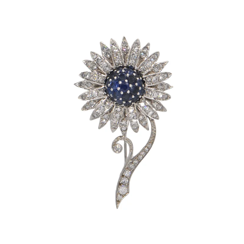 Vintage Handmade Diamond and Sapphire Daisy Flower Brooch